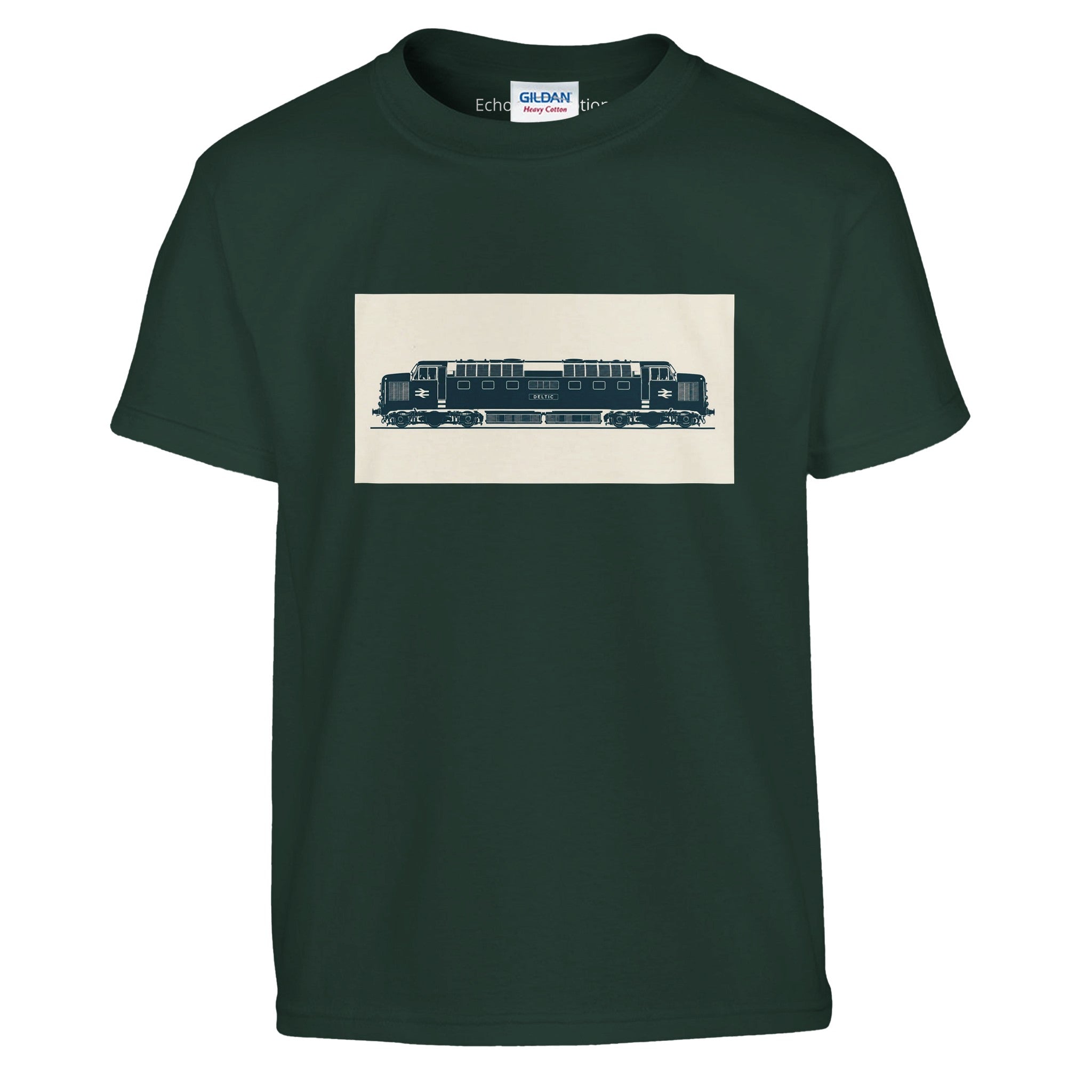 Children's cotton T-shirt with minimalist Deltic locomotive artwork by Echoes of Motion
