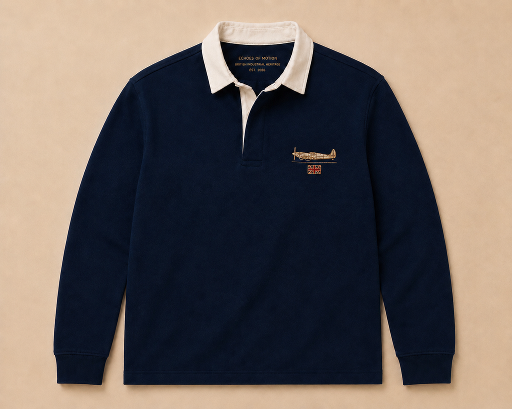 Navy Supermarine Spitfire rugby shirt with cream collar and embroidered Union Jack chest motif