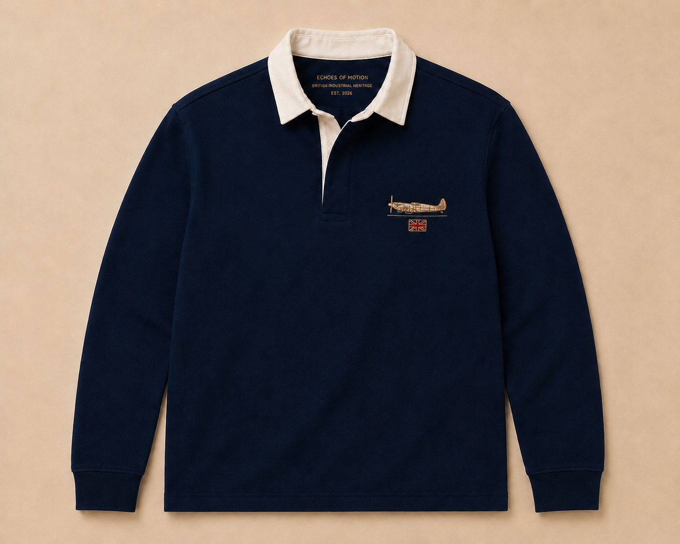 Navy Supermarine Spitfire rugby shirt with cream collar and embroidered Union Jack chest motif