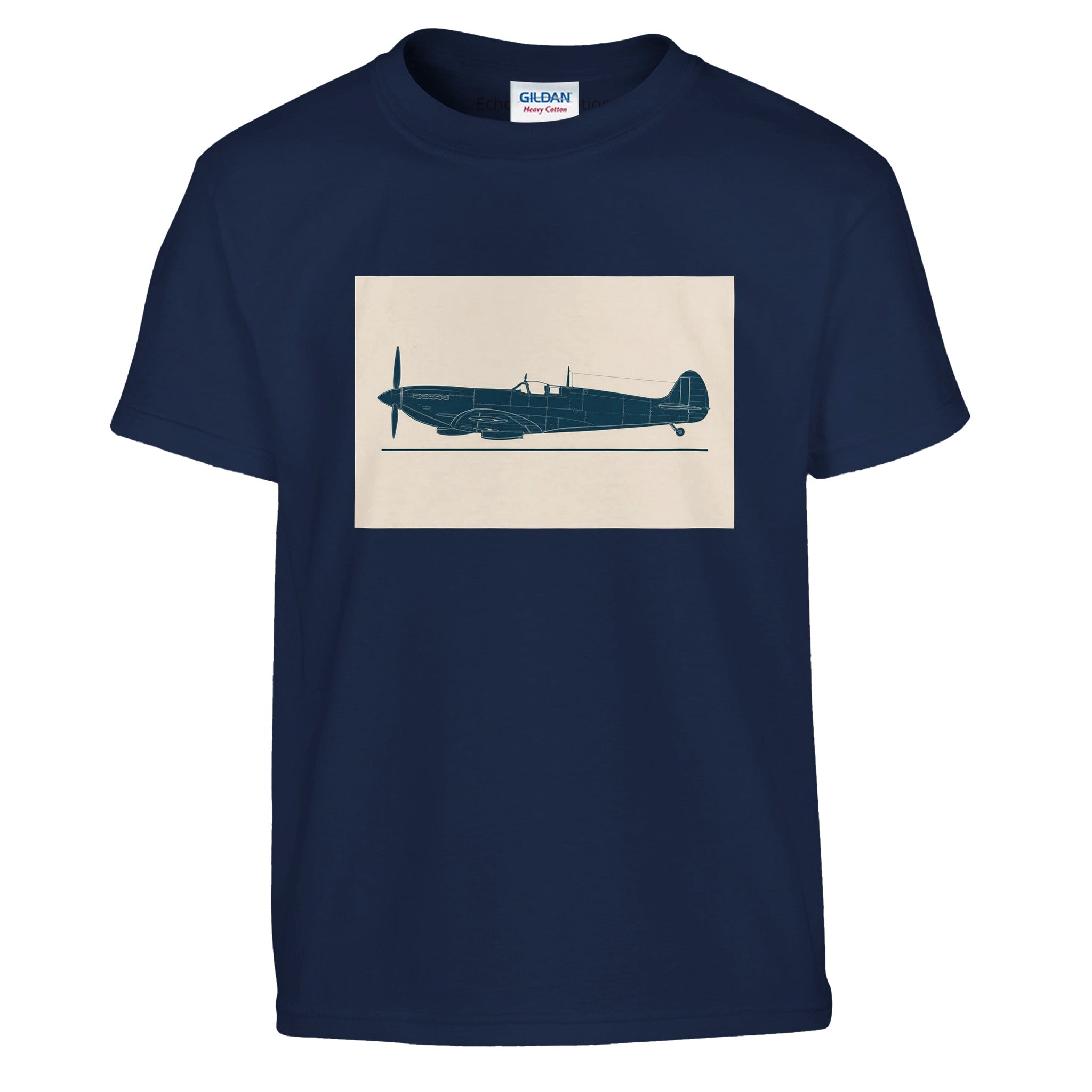 Children's cotton T-shirt with minimalist Supermarine Spitfire artwork by Echoes of Motion