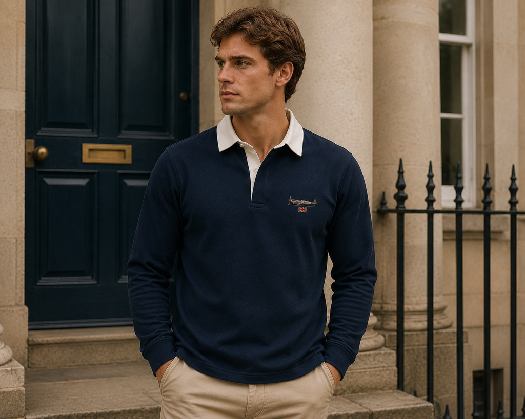Man wearing navy Supermarine Spitfire rugby shirt with cream collar