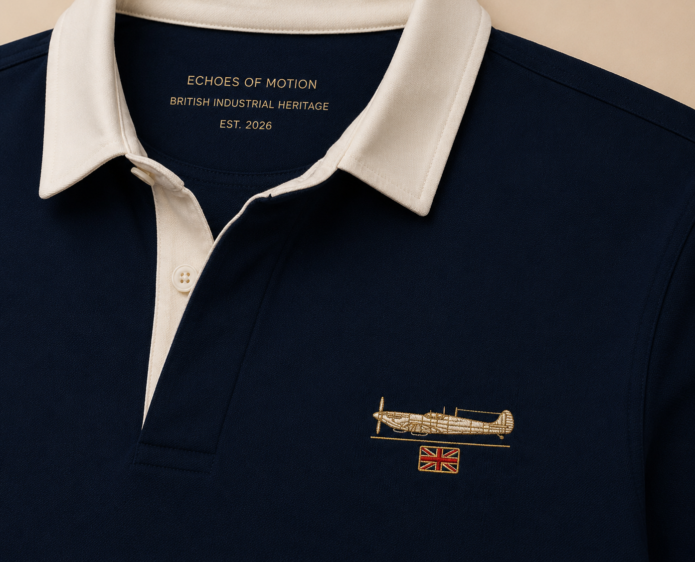 Close-up of embroidered Supermarine Spitfire and Union Jack on navy rugby shirt