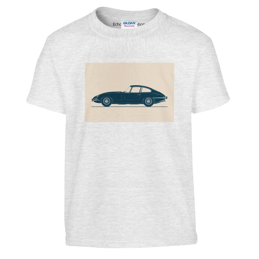 Children's cotton T-shirt with minimalist Jaguar E-Type artwork by Echoes of Motion