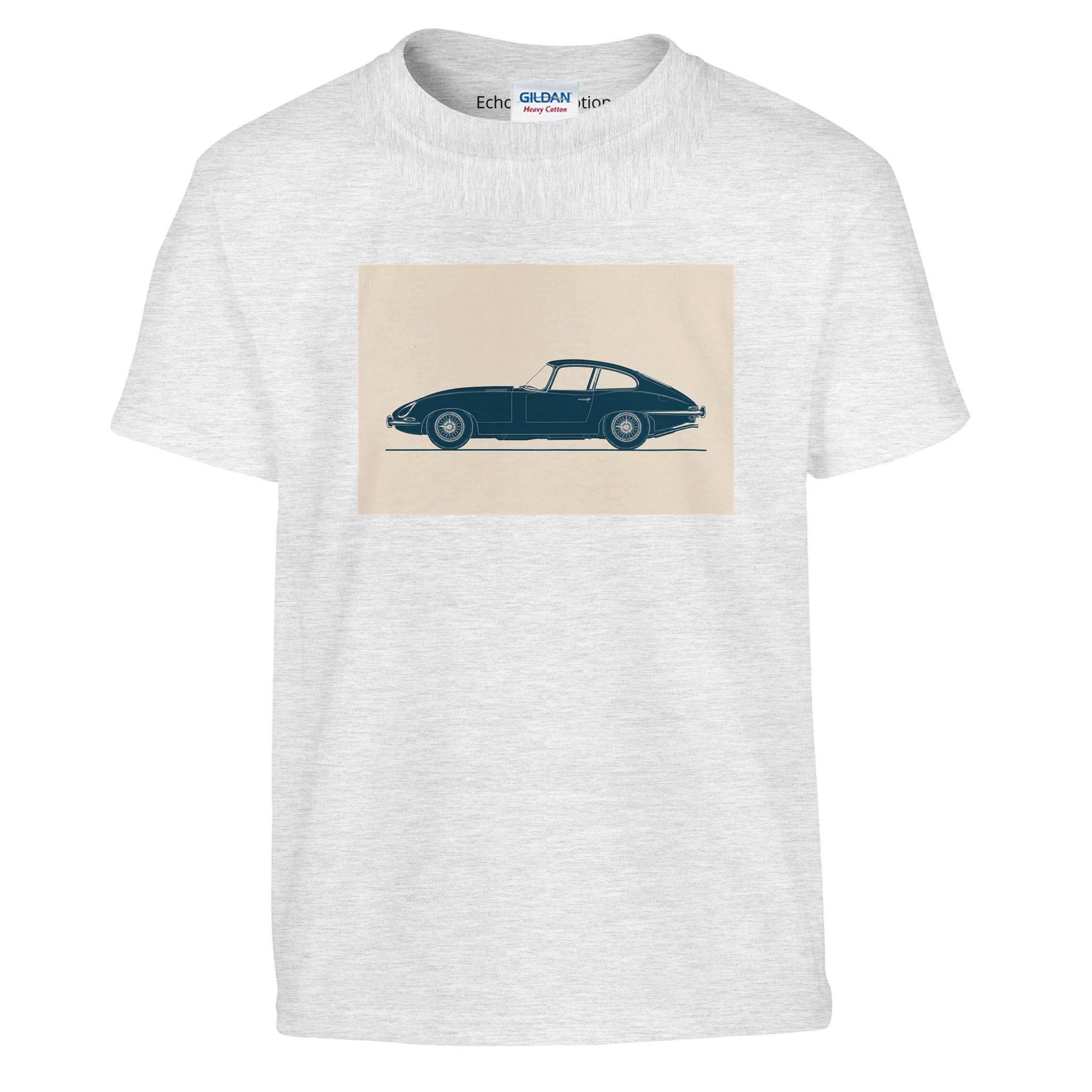 Children's cotton T-shirt with minimalist Jaguar E-Type artwork by Echoes of Motion